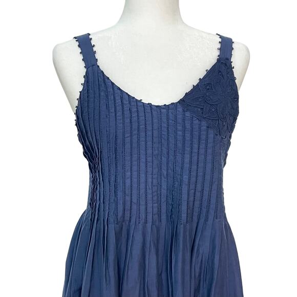 Lafayette 148 Blue Cotton-Silk Sz 6 Pleated Smocked Sleeveless Midi Summer Dress - Picture 2 of 9